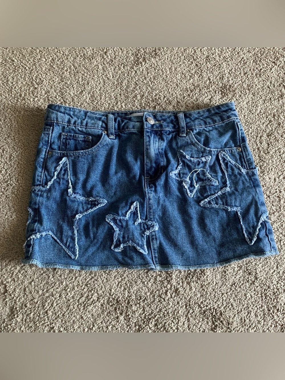 Ashley Mason Blue Denim Mini Skirt with Frayed Star Appliqués